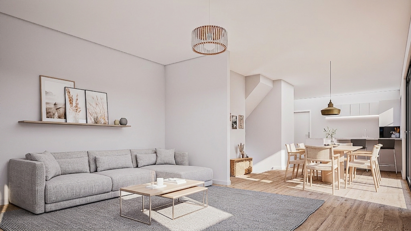 Salon lumineux avec cuisine ouverte en arrière-plan
